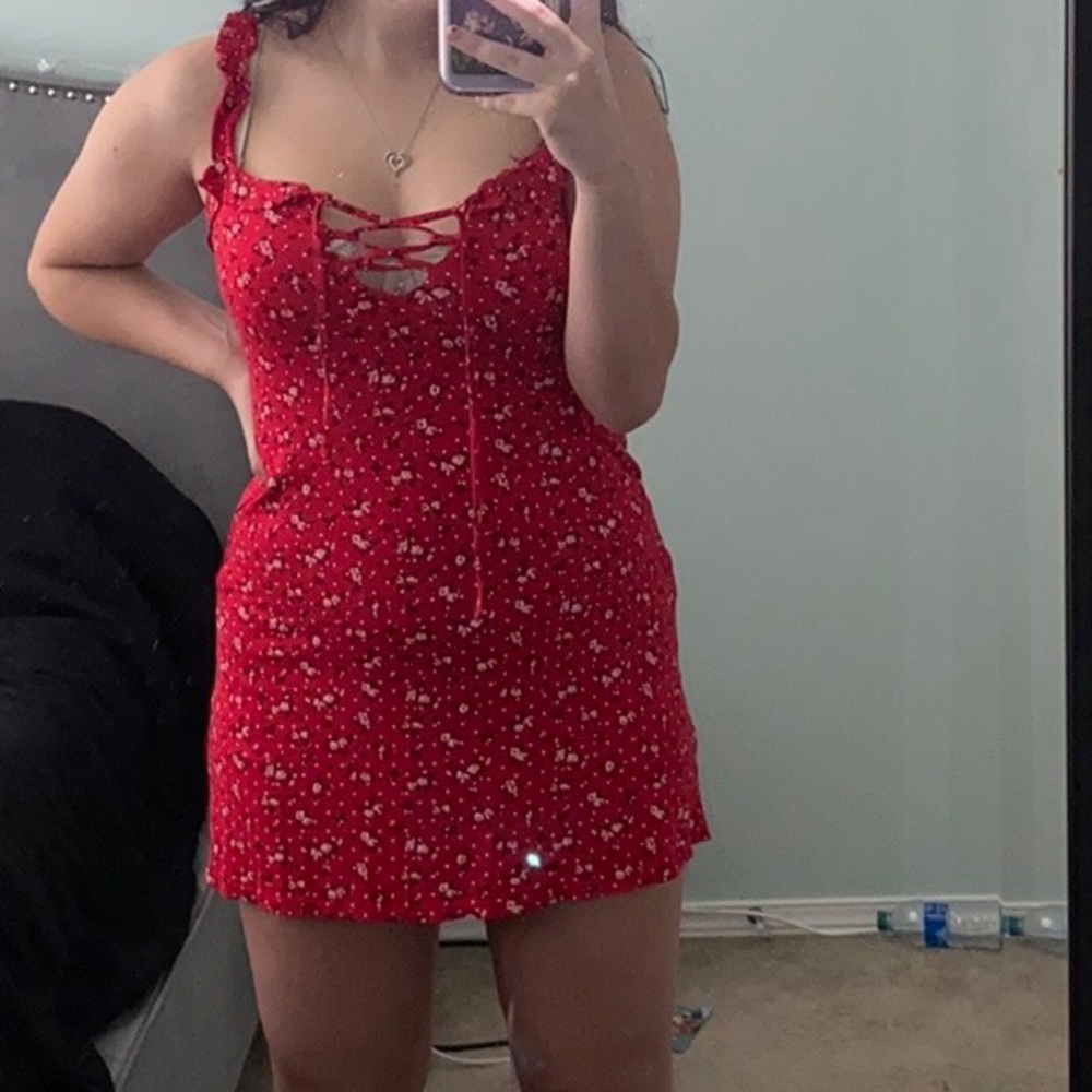 Red Floral Print Frill Shift Dress